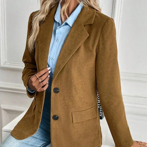 Brown Casual Women's Lapel Faux Pocket Decor Blazer - Picture 4 of 7